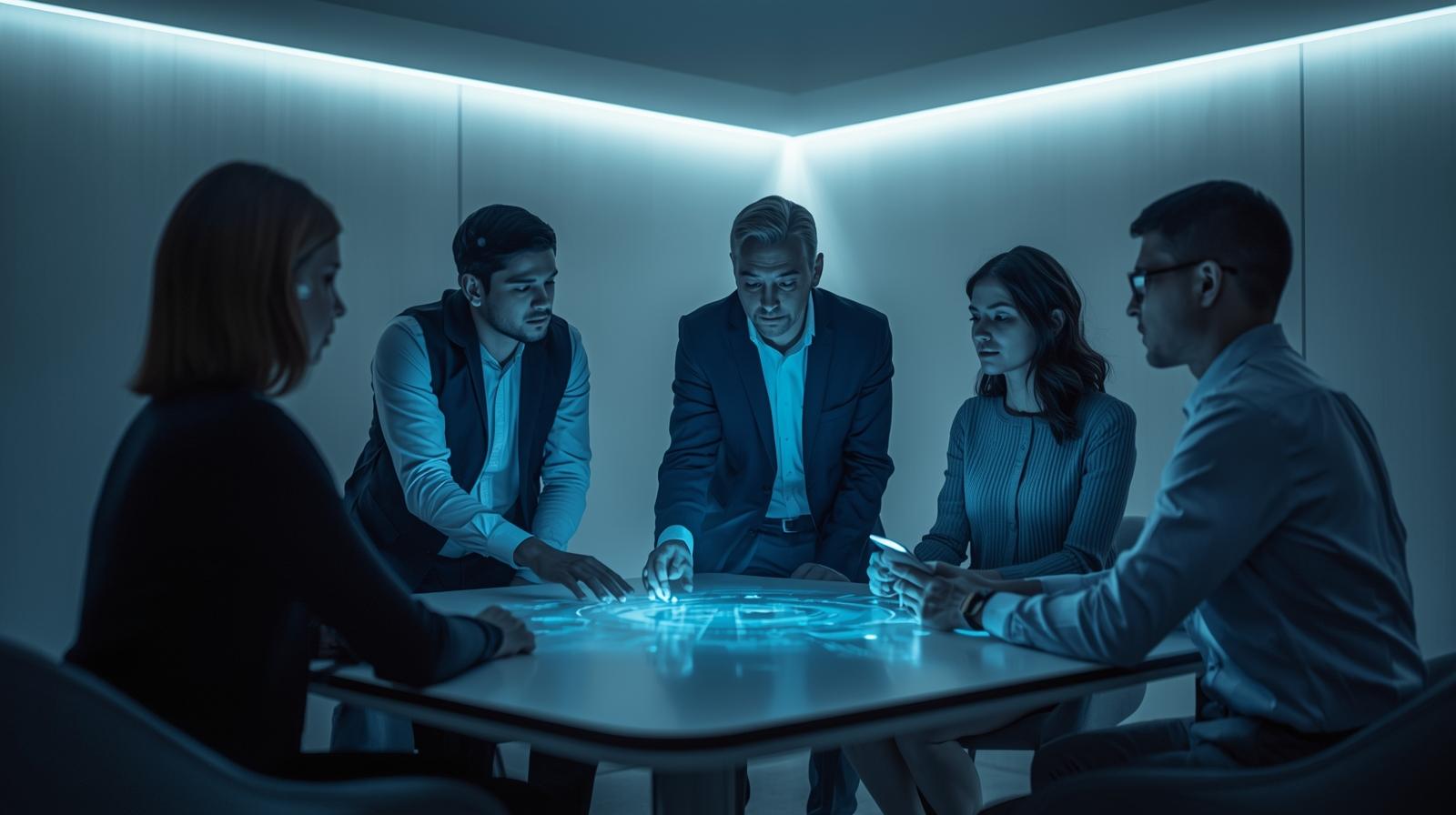 Futuristic workspace with professionals collaborating with an AI assistant